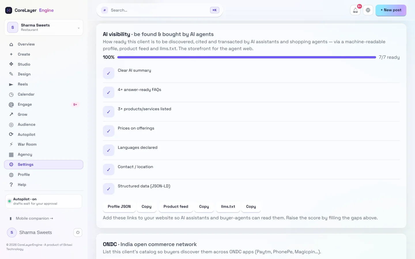 CoreLayerEngine AI visibility panel showing a 100 percent readiness score with seven checks passed, and links to the profile JSON, product feed and llms.txt.