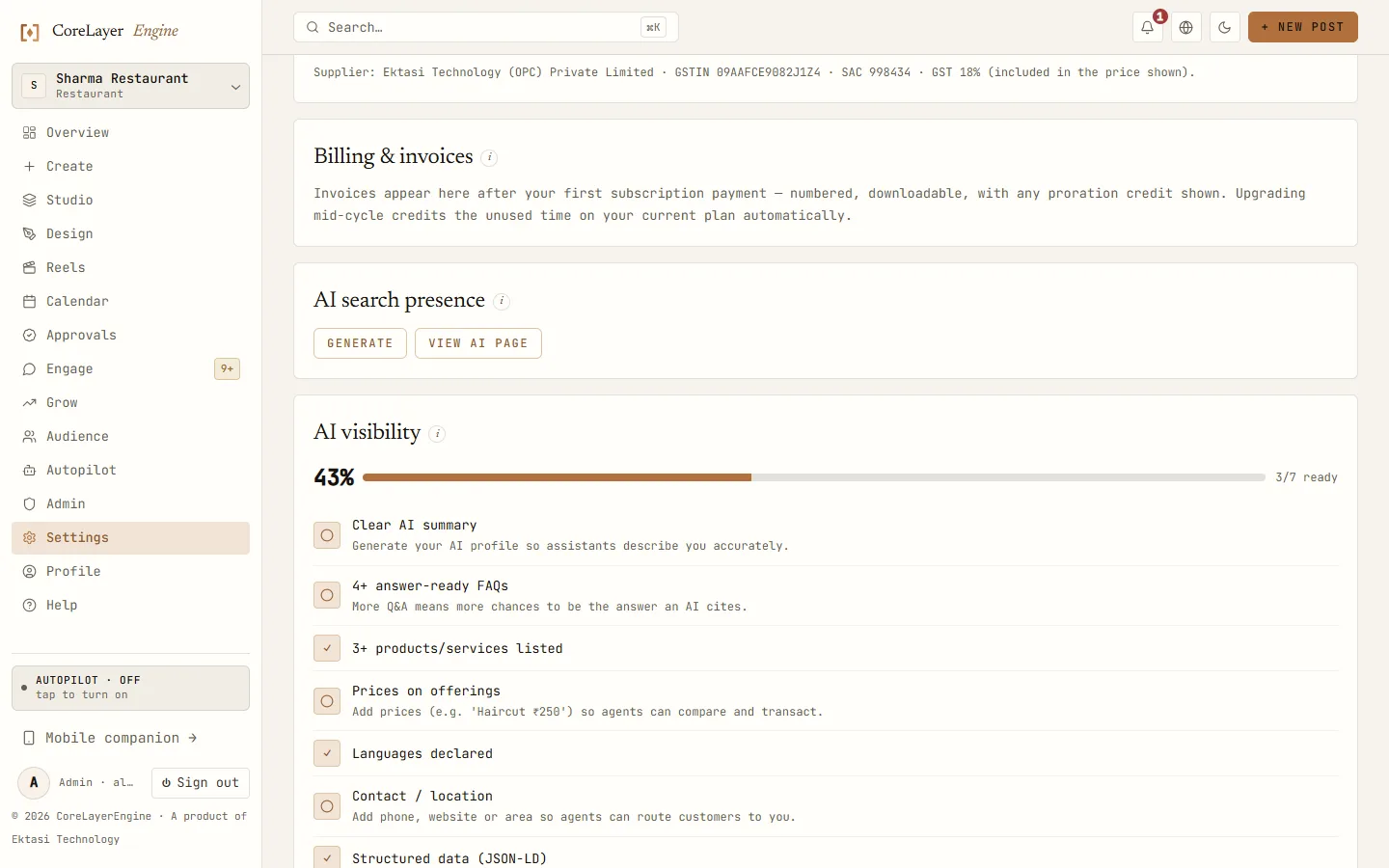 CoreLayerEngine AI visibility panel showing a 100 percent readiness score with seven checks passed, and links to the profile JSON, product feed and llms.txt.