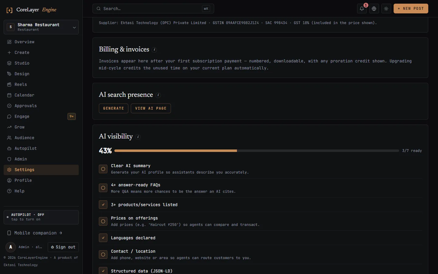 CoreLayerEngine AI visibility panel showing a 100 percent readiness score with seven checks passed, and links to the profile JSON, product feed and llms.txt.