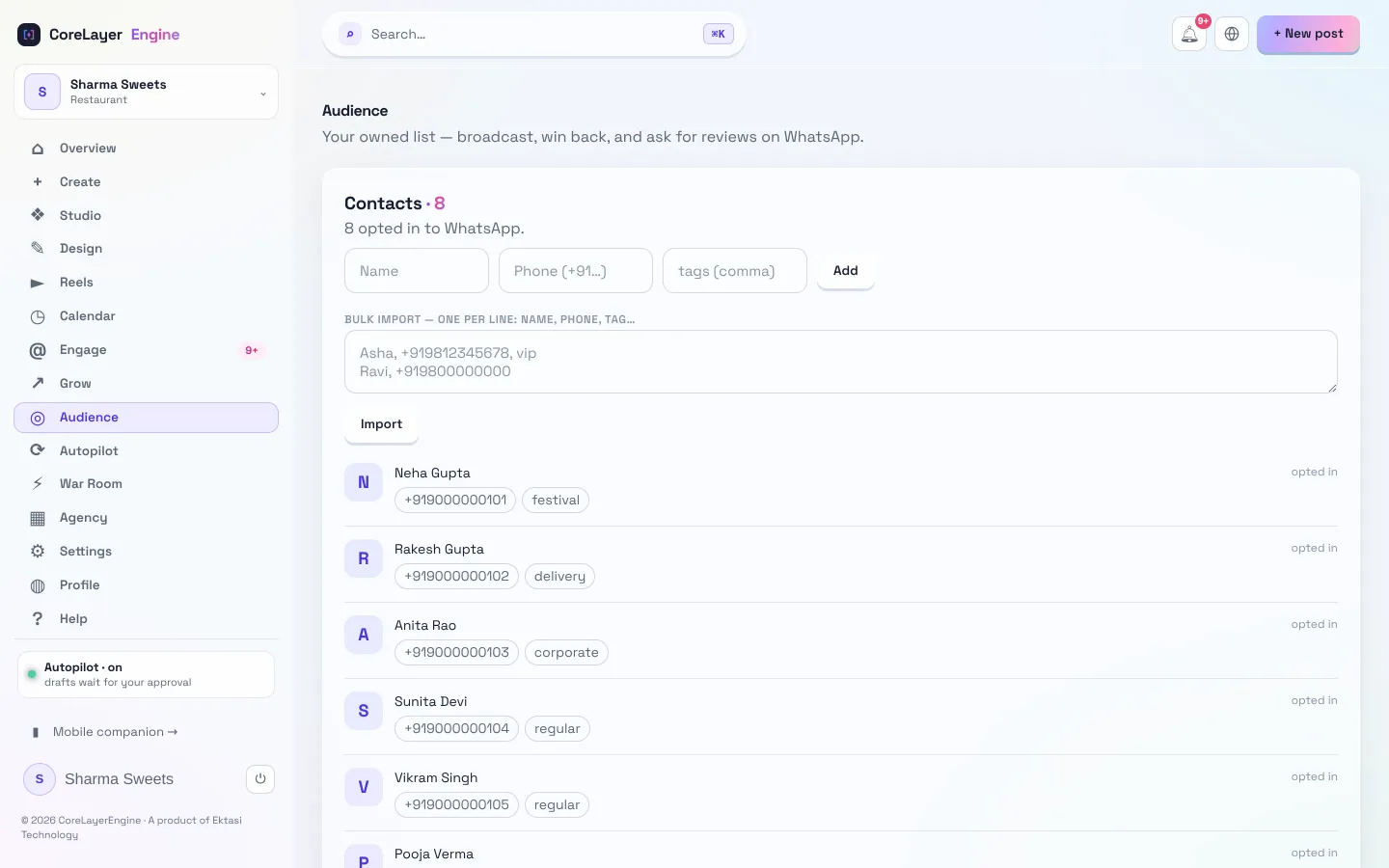 CoreLayerEngine audience screen listing eight opted-in contacts with phone numbers, tags and a bulk import box.