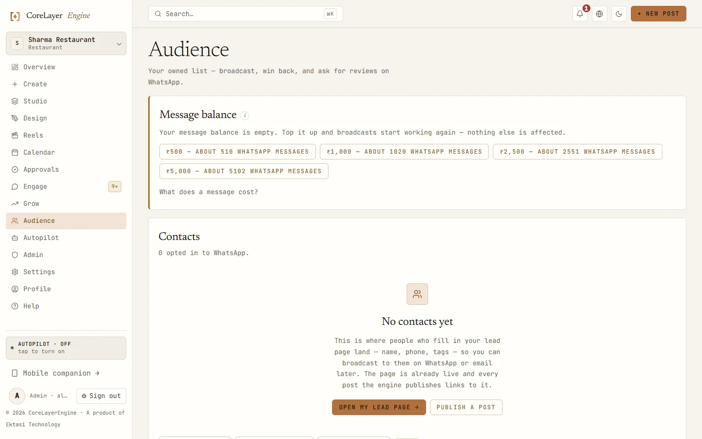 CoreLayerEngine audience screen listing eight opted-in contacts with phone numbers, tags and a bulk import box.