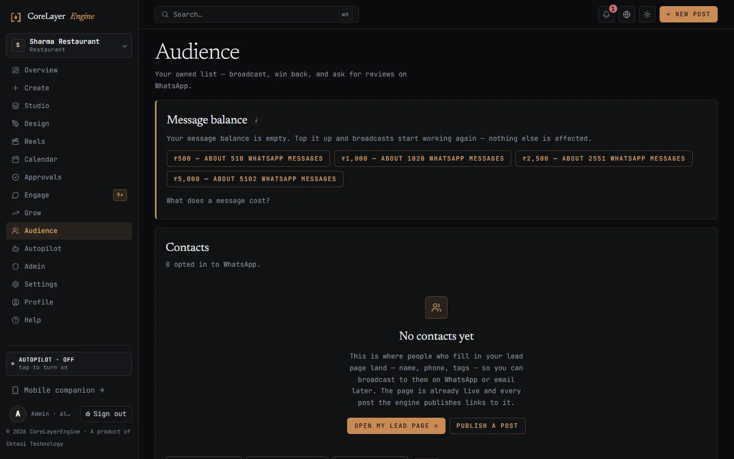 CoreLayerEngine audience screen listing eight opted-in contacts with phone numbers, tags and a bulk import box.