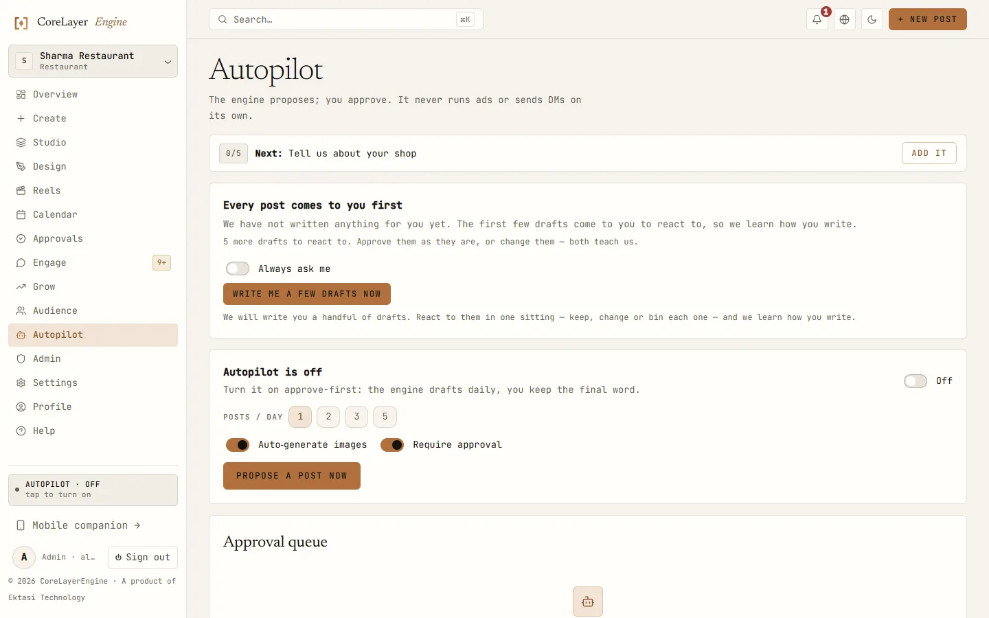 CoreLayerEngine autopilot approval queue with three drafted posts, each showing an eval score, a pre-test score and a suggested time slot.