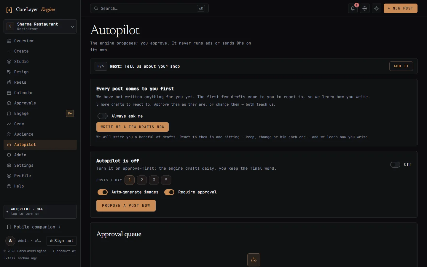 CoreLayerEngine autopilot approval queue with three drafted posts, each showing an eval score, a pre-test score and a suggested time slot.