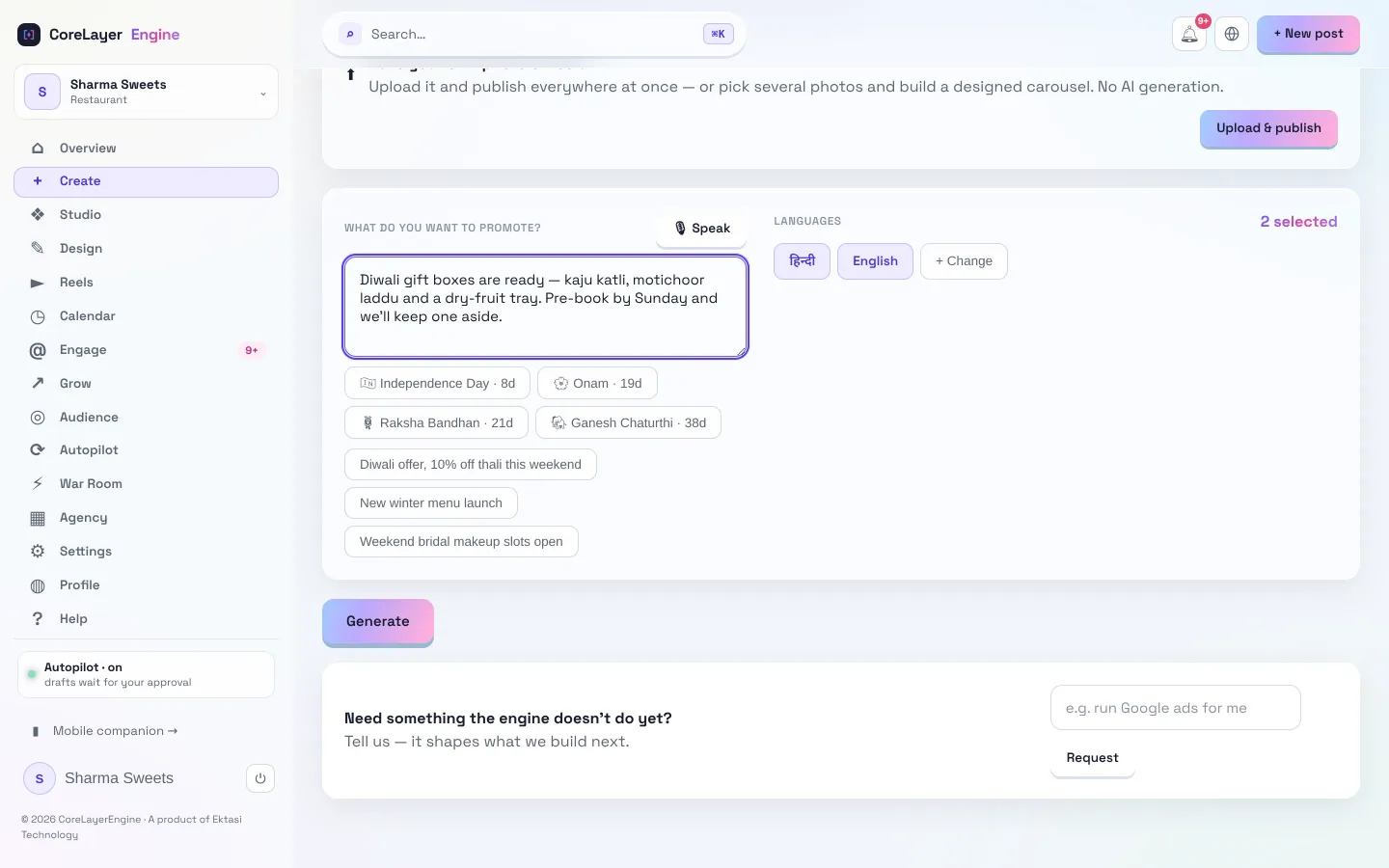 The CoreLayerEngine composer showing the same post idea generated separately in English and Hindi, each with its own copy rather than a translation.