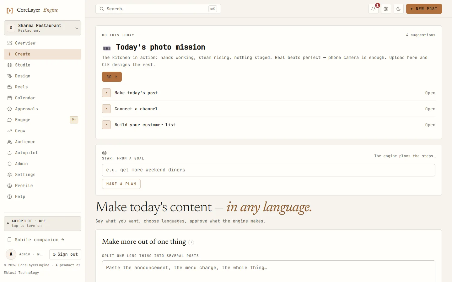 The CoreLayerEngine composer showing the same post idea generated separately in English and Hindi, each with its own copy rather than a translation.