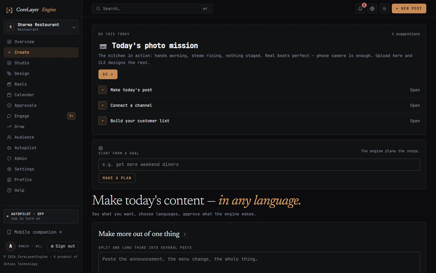 The CoreLayerEngine composer showing the same post idea generated separately in English and Hindi, each with its own copy rather than a translation.