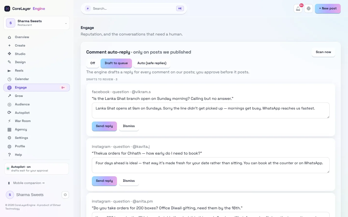 CoreLayerEngine engagement inbox showing drafted replies to customer questions and a sentiment pulse of plus 61 net.