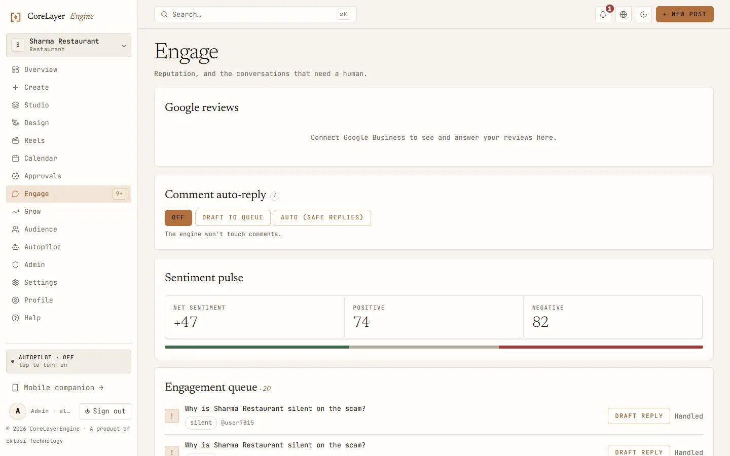 CoreLayerEngine engagement inbox showing drafted replies to customer questions and a sentiment pulse of plus 61 net.
