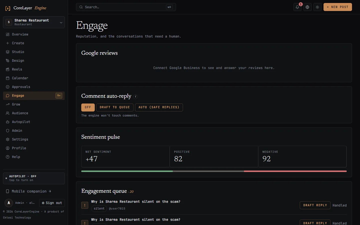CoreLayerEngine engagement inbox showing drafted replies to customer questions and a sentiment pulse of plus 61 net.
