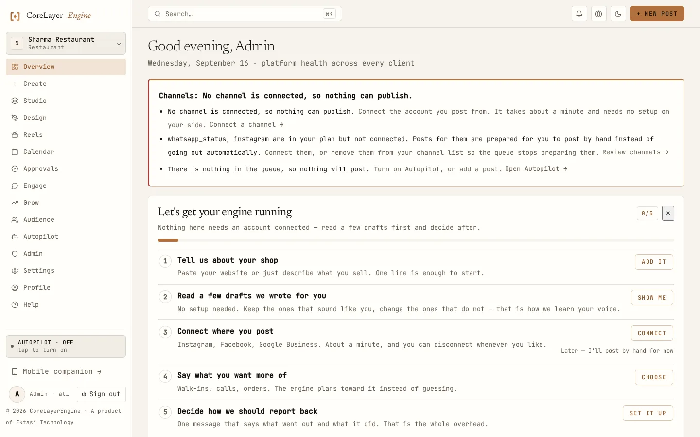 CoreLayerEngine dashboard for a sweet shop, showing one post awaiting approval, 30-day KPIs and a composer with Hindi and English selected.