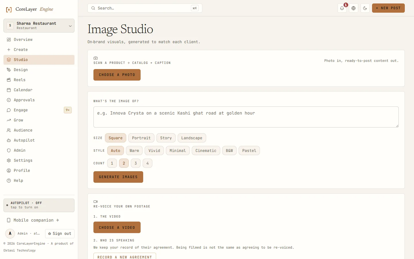 CoreLayerEngine Image Studio with size and style controls and a gallery of six generated posters in the shop's brand colours, in English and Hindi.