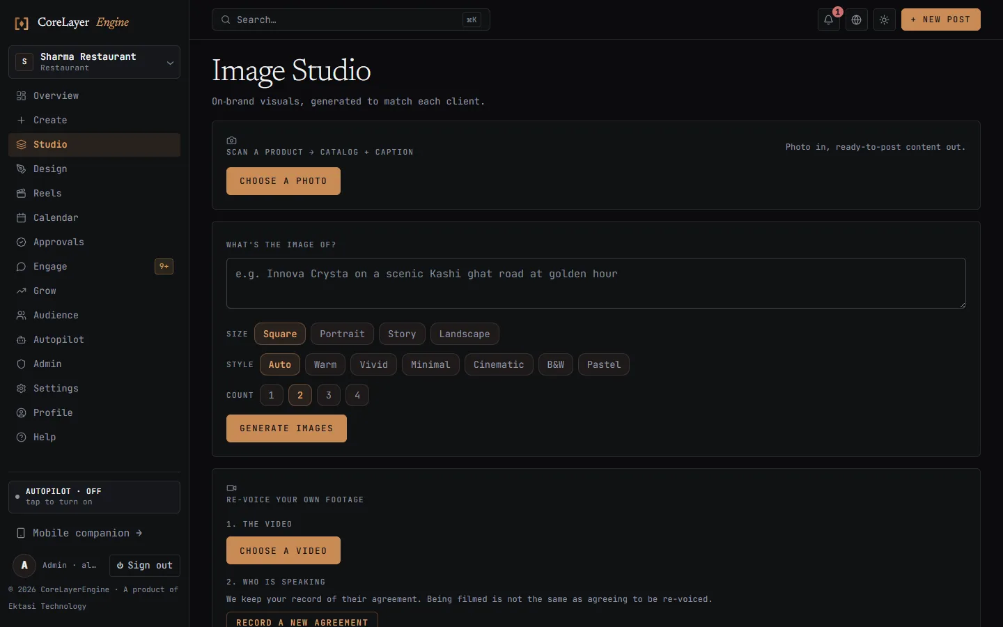 CoreLayerEngine Image Studio with size and style controls and a gallery of six generated posters in the shop's brand colours, in English and Hindi.