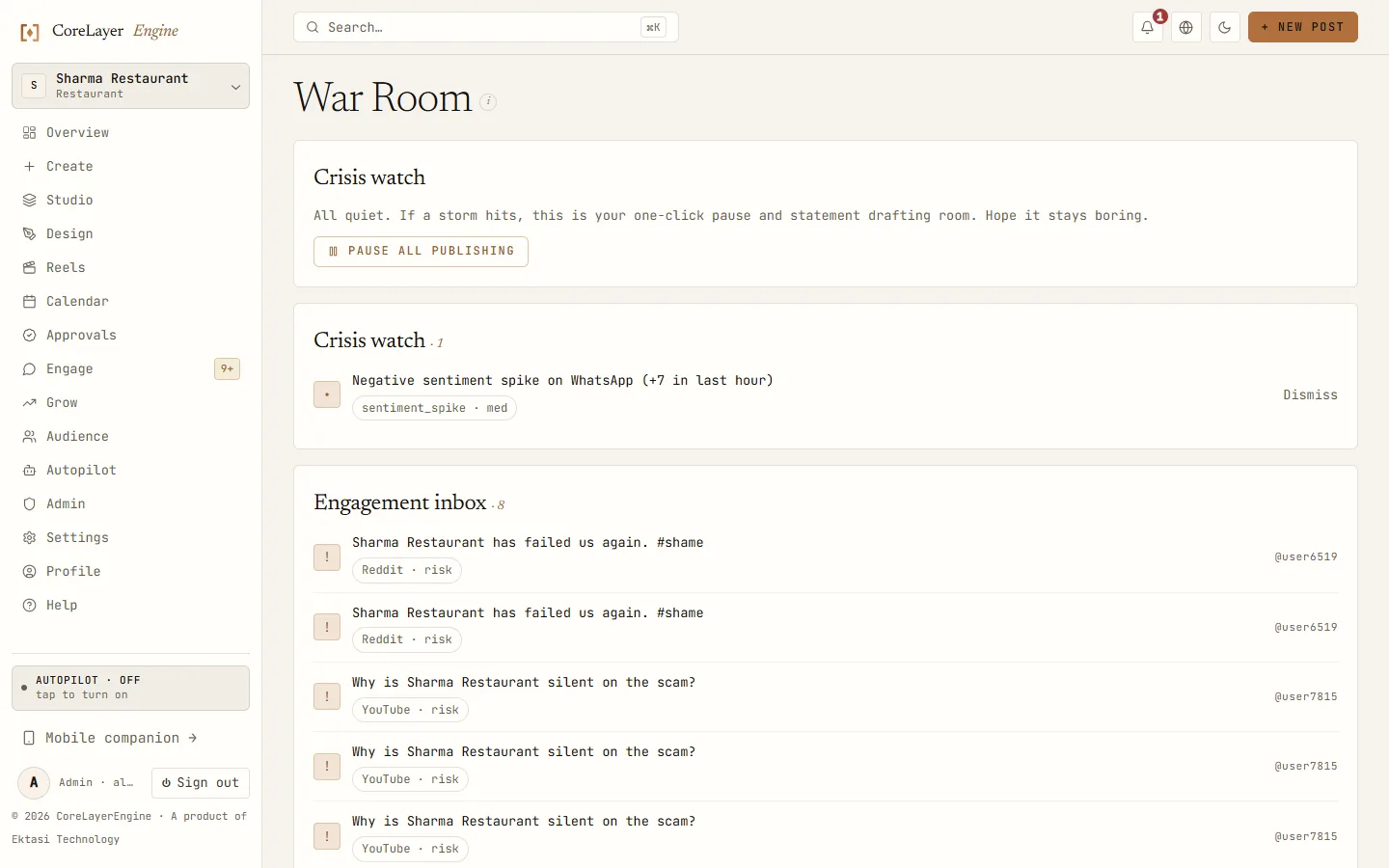 CoreLayerEngine war room showing a crisis watch panel, one open sentiment alert and an engagement inbox of seven items.